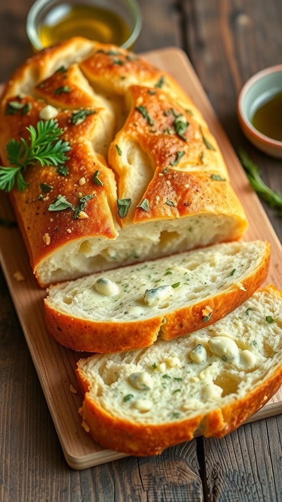Golden brown garlic bread slices with garlic butter and herbs on a rustic wooden table.